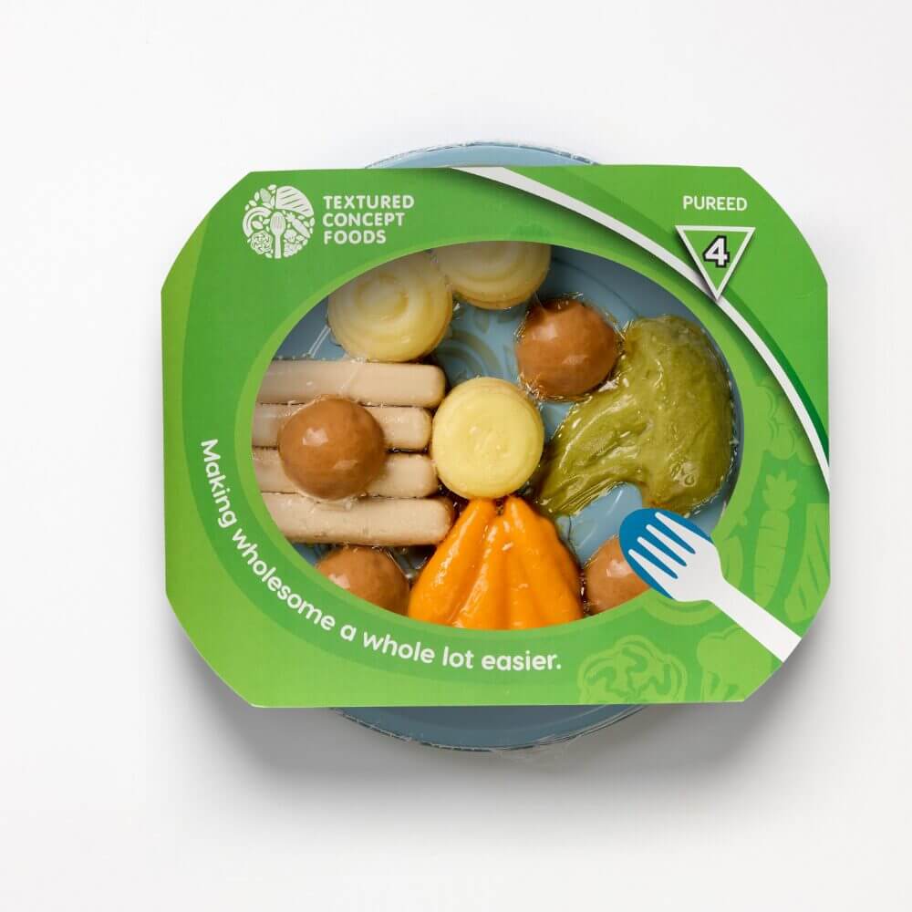 Pork Chipolata Sausages with Carrots, Broccoli, Mashed Potato & Onion Gravy - Pureed - Image 2